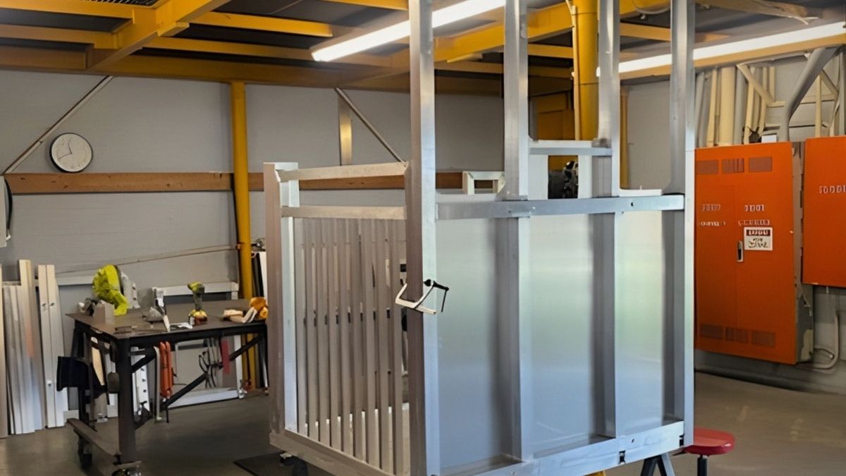 Home elevator frame in a workshop with tools and orange panels in the background.