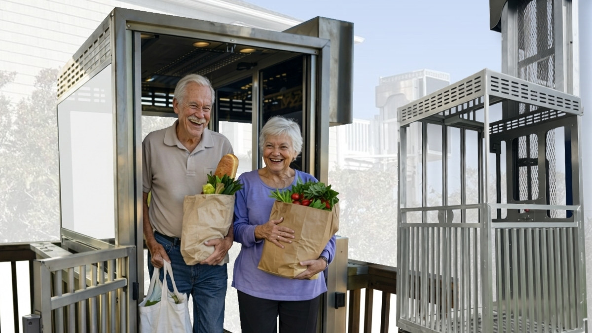 Smiling elderly couple exits a home elevator, carrying grocery bags filled with fresh produce.