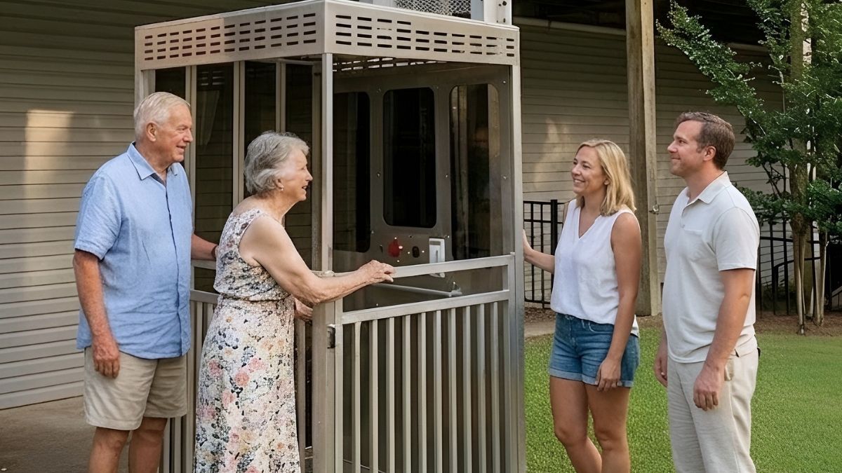 Two older adults standing by a home elevator, engaging with a younger couple in a garden setting.
