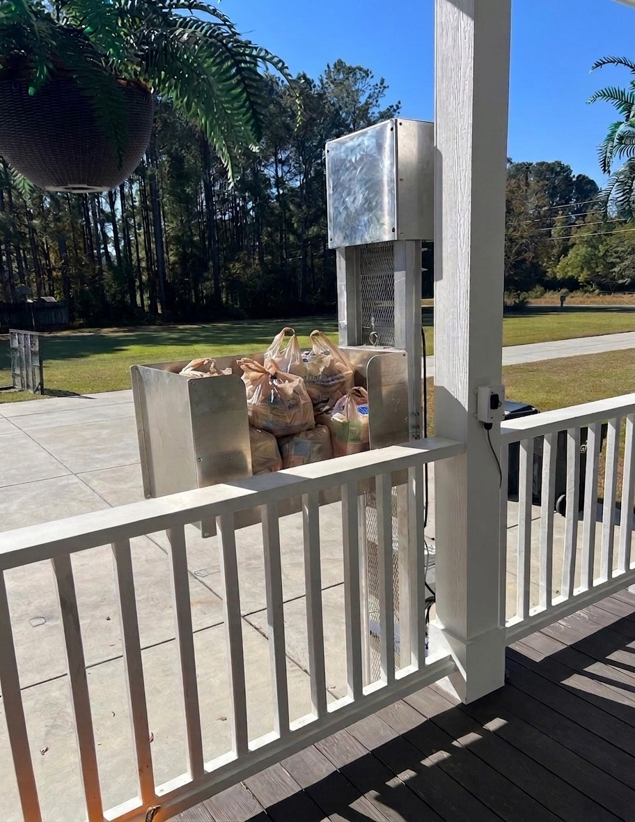 Marine Grade Dumbwaiter Outdoor home elevator lifting groceries to a porch, surrounded by trees and a grassy yard.