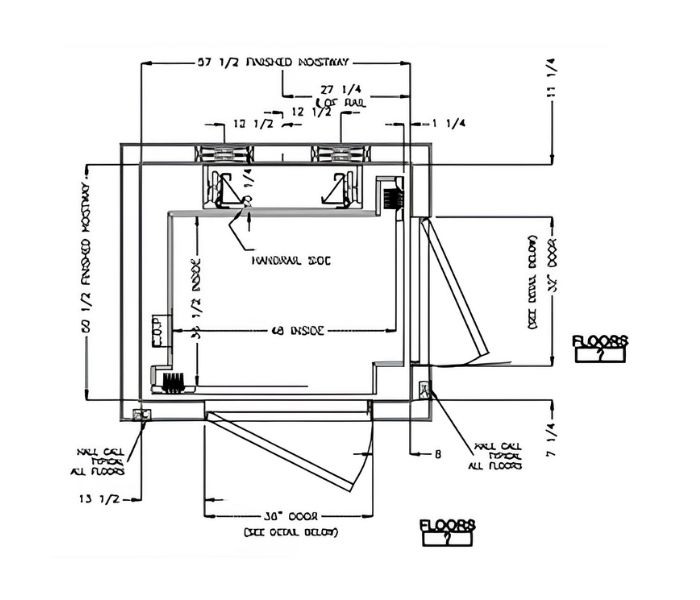 Building a Coastal Home When to Start Planning for a Home Elevator – small Technical blueprint for home elevators showing dimensions, door placement, and railing details for installation.